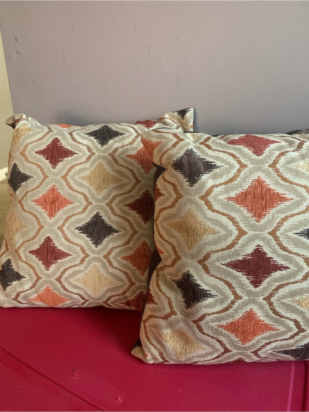 Decorative Geometric Pattern Throw Pillow Pair in Beige, Rust, Gold, and Brown